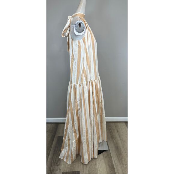 NWT Staud Marlowe Striped Halter Tie Neck Sleeveless Midi Dress Tan White Small - Picture 8 of 10